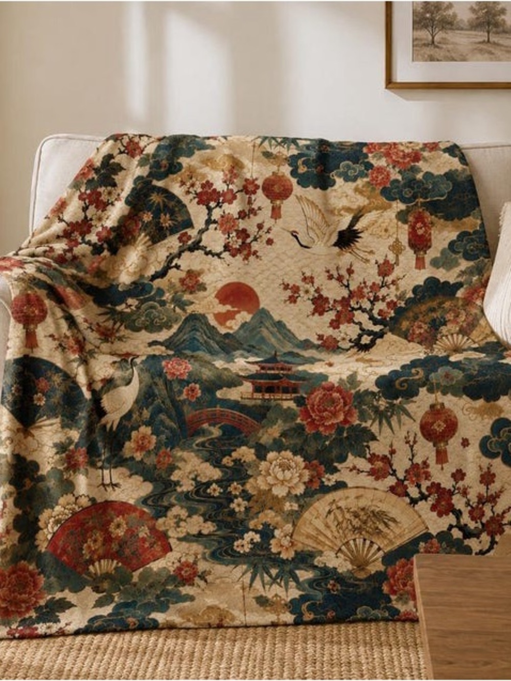Oriental Crane & Floral Throw Blanket - Cream, Navy & Red
